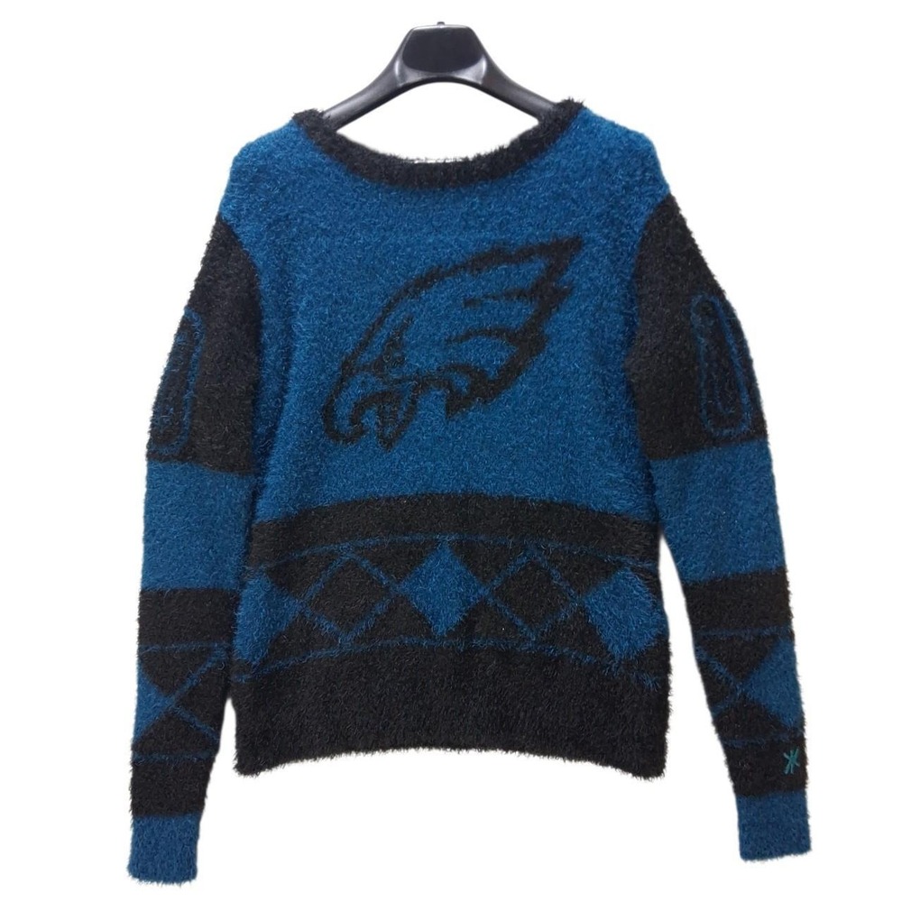 NFL Philadelphia Eagles Fuzzy Knit Sweater Blue Black Argyle Logo Womens Size S